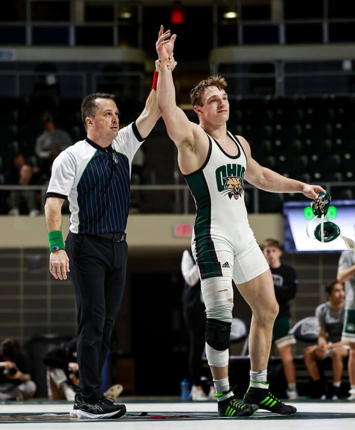 Zayne Lehman, an Ohio University men's wrestler secures a win.