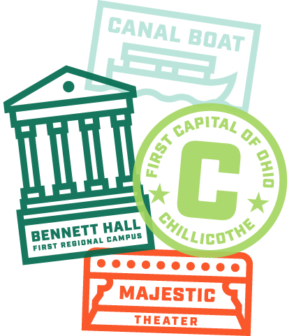 Various illustrative badges highlighting Chillicothe landmarks