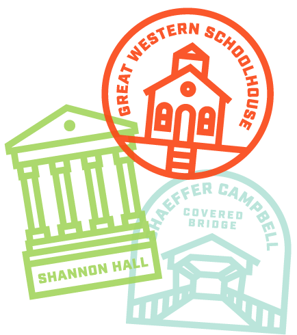 Various graphical badges depicting landmarks at Eastern
