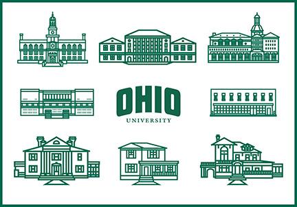 The OHIO logo surrounded by illustrations of Ohio University buildings