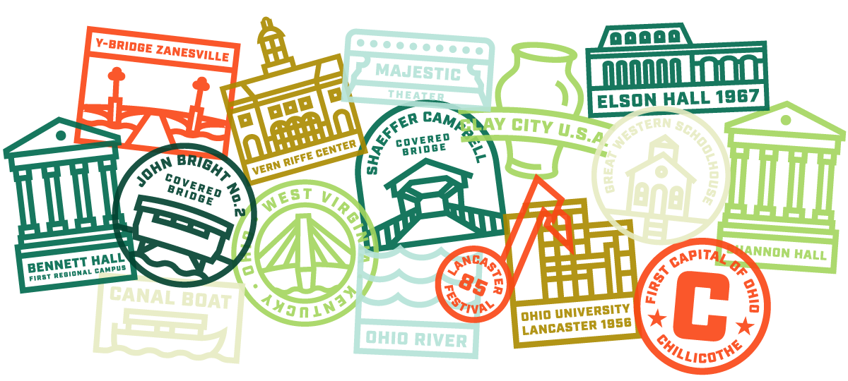 Collage of various badges highlighting landmarks across Regional Campuses