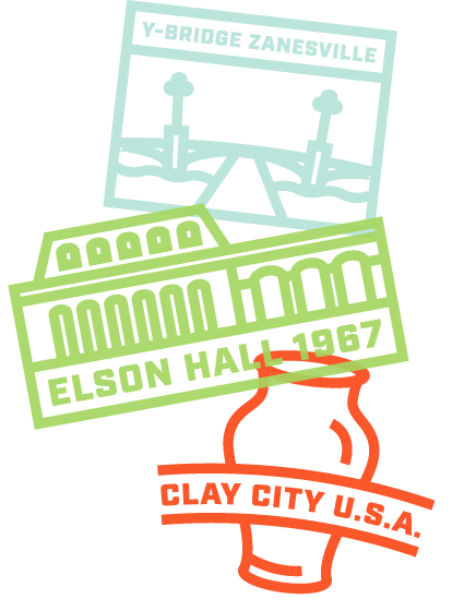 Graphical badges depicting landmarks at Zanesville