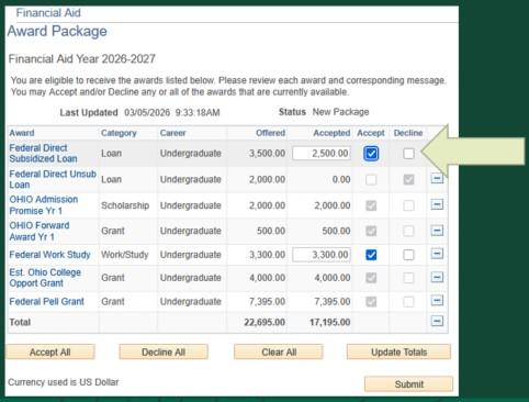 A screenshot of award package
