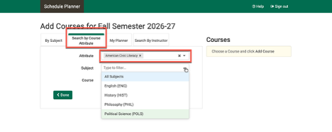 Screenshot of the Ohio University student schedule planner, showing where to find/search American Civic Literacy courses.