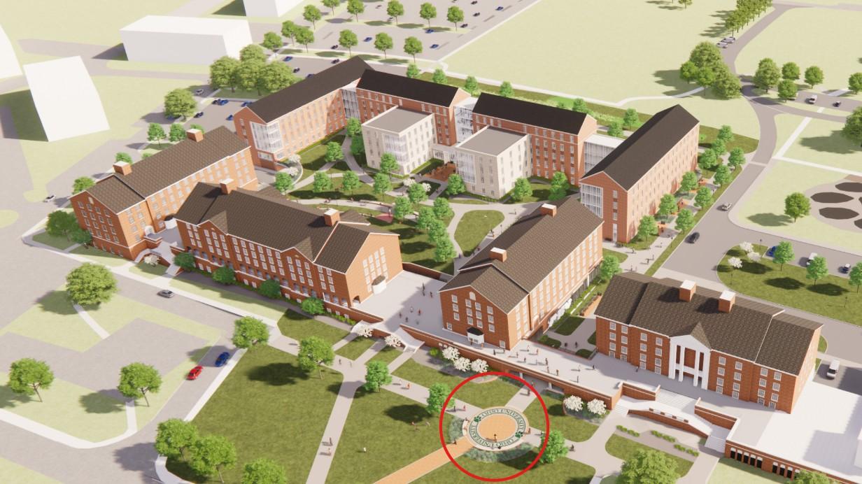 rendering of McDavis Hall and sidewalk design placement