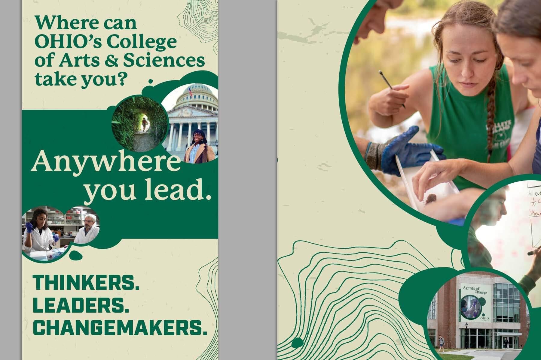 Visual examples of Ohio University's College of Arts & Sciences sub-brand