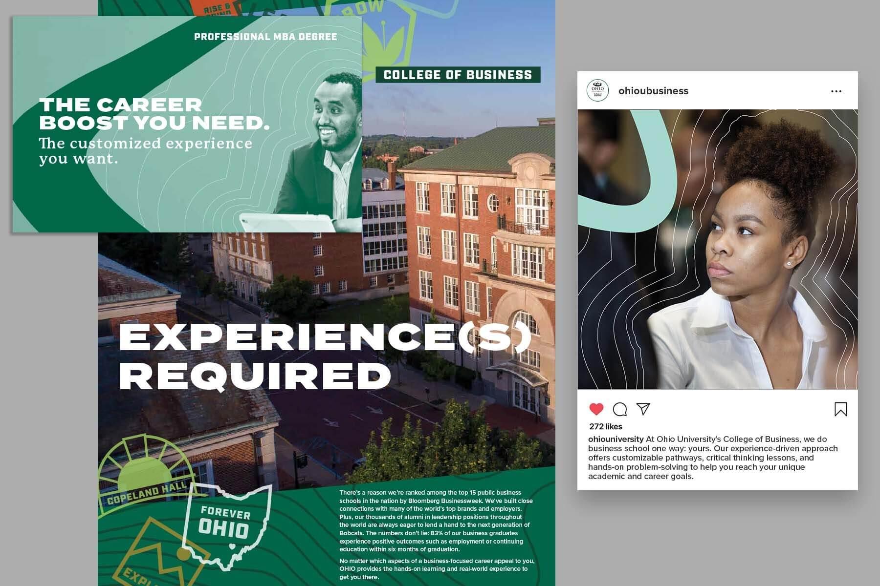 Visual examples of Ohio University's College of Business sub-brand
