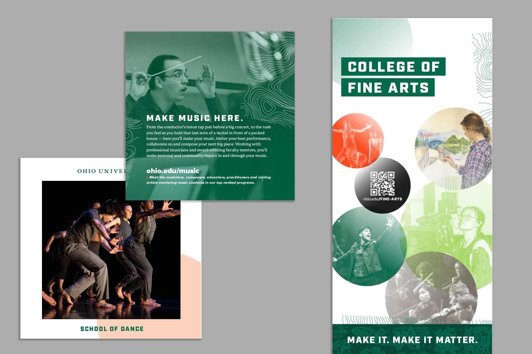 Visual examples of Ohio University's College of Fine Arts sub-brand