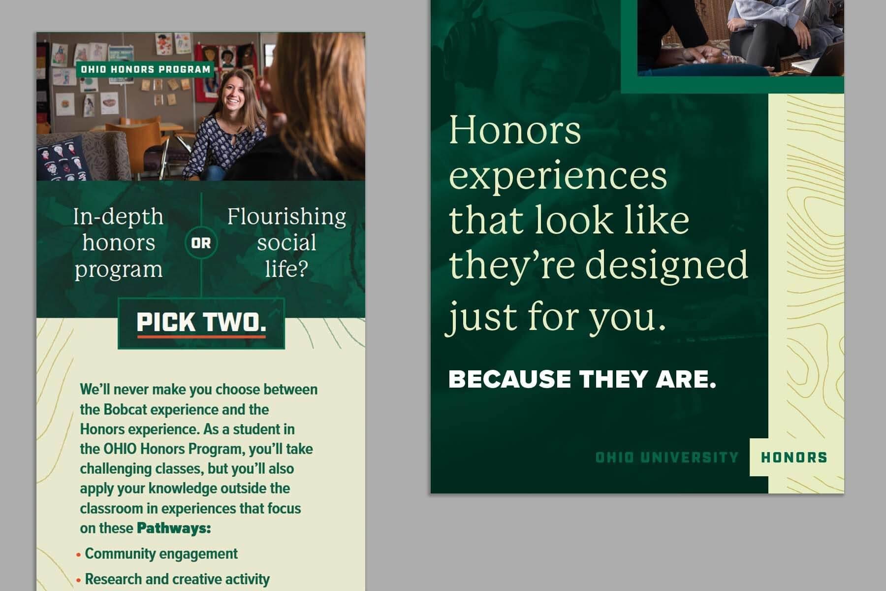 Visual examples of Ohio University's Honors Tutorial College sub-brand