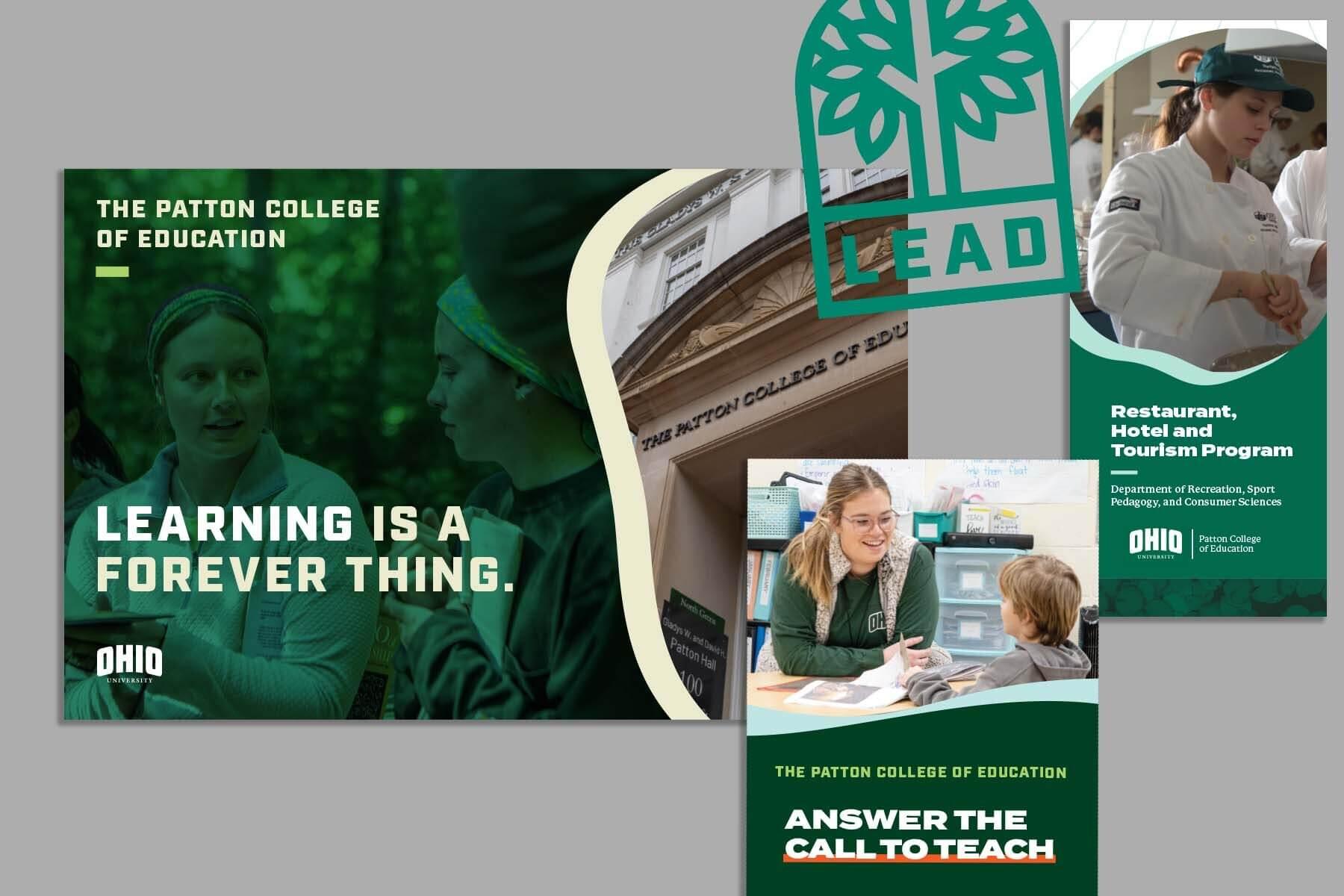 Visual examples of Ohio University's Patton College of Education sub-brand