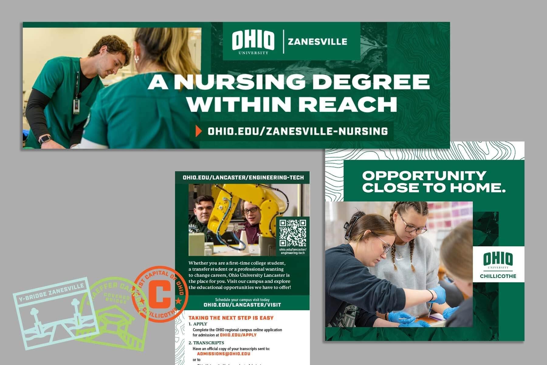 Visual examples of Ohio University's Regional Higher Education sub-brand