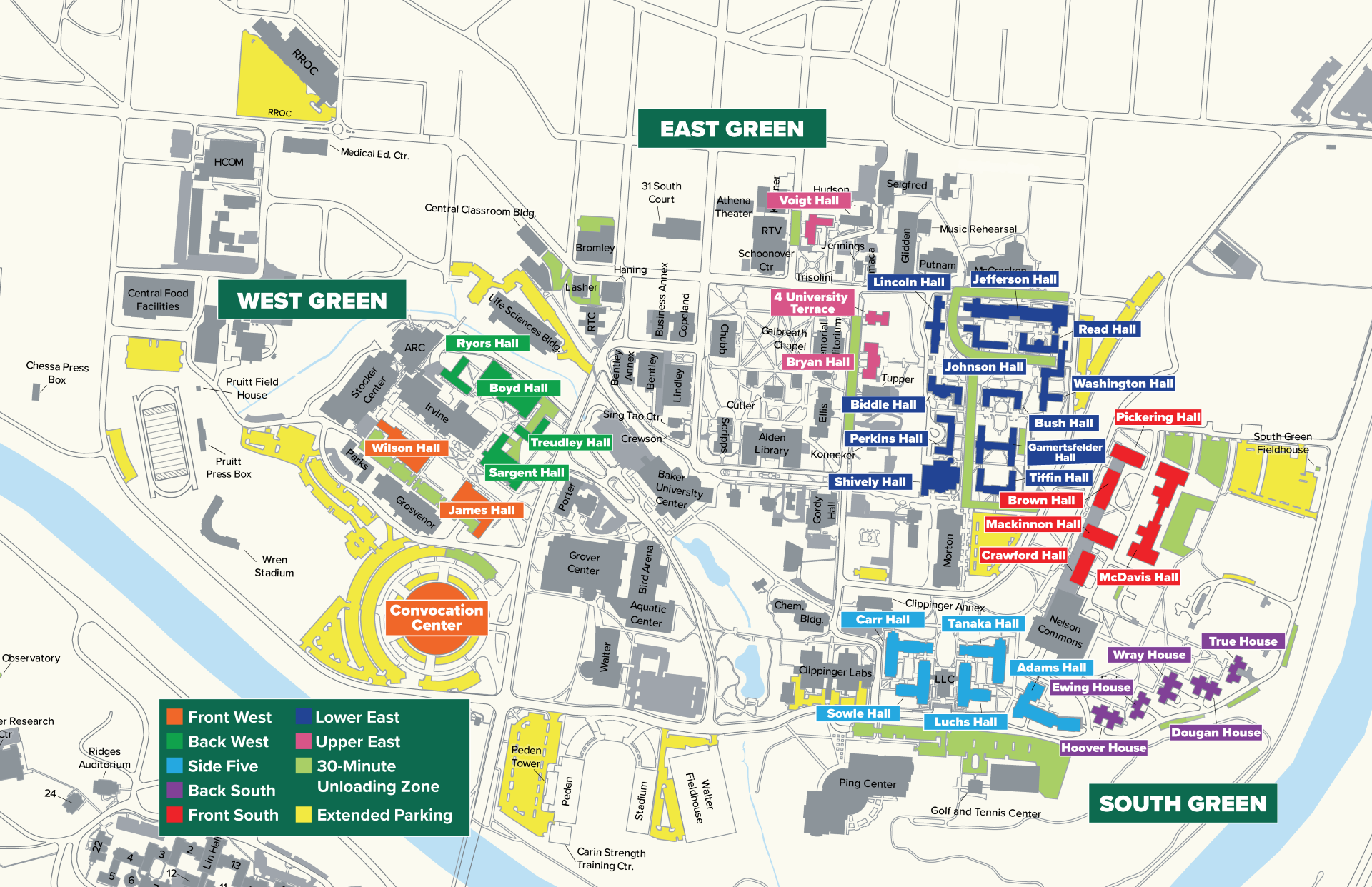 map of campus with parking lots highlighted for move-in