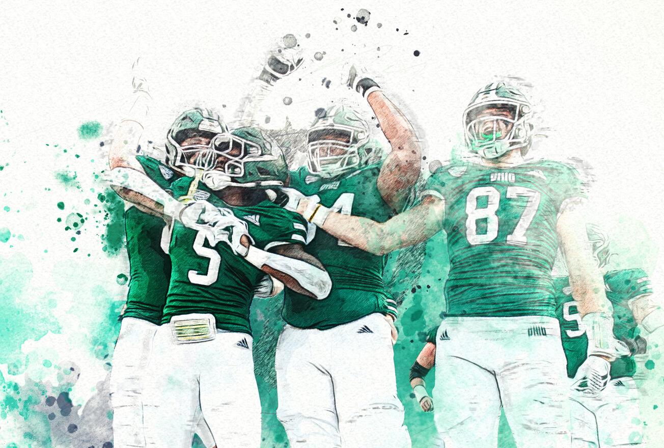 Watercolor illustration of OHIO football players celebrating