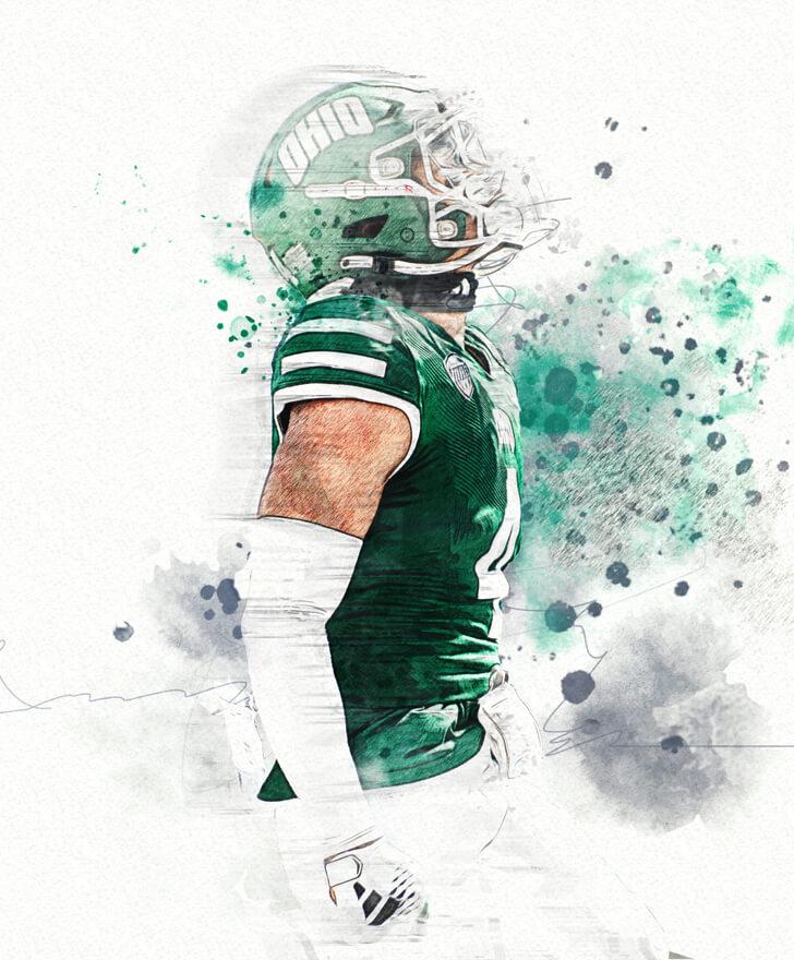 Watercolor illustration of OHIO football player celebrating
