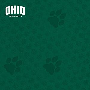 Repeating pawprint pattern on a green background and featuring the Ohio University logo