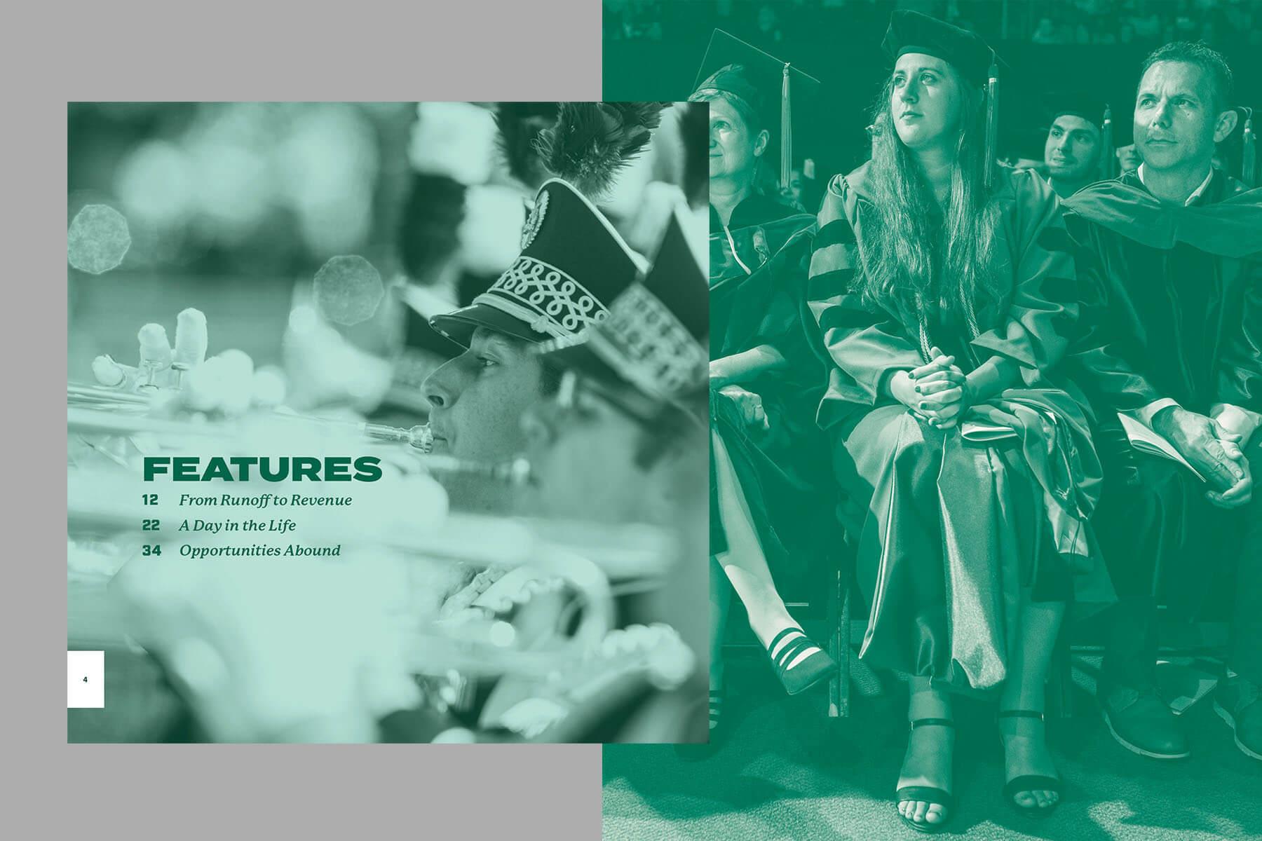 Visual examples of Ohio University's photographic treatments in various marketing collateral