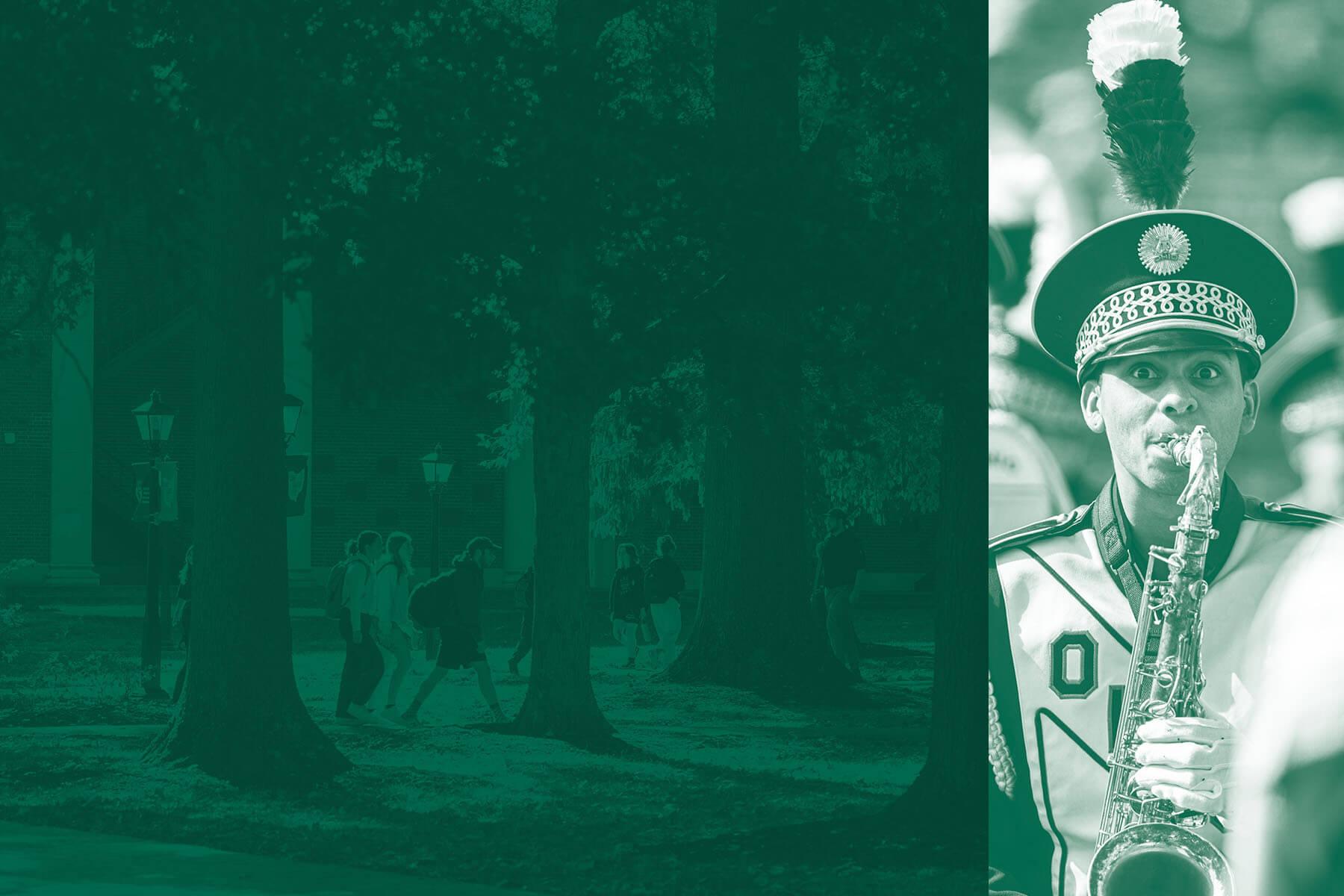 Visual examples of Ohio University's photographic treatments in various marketing collateral