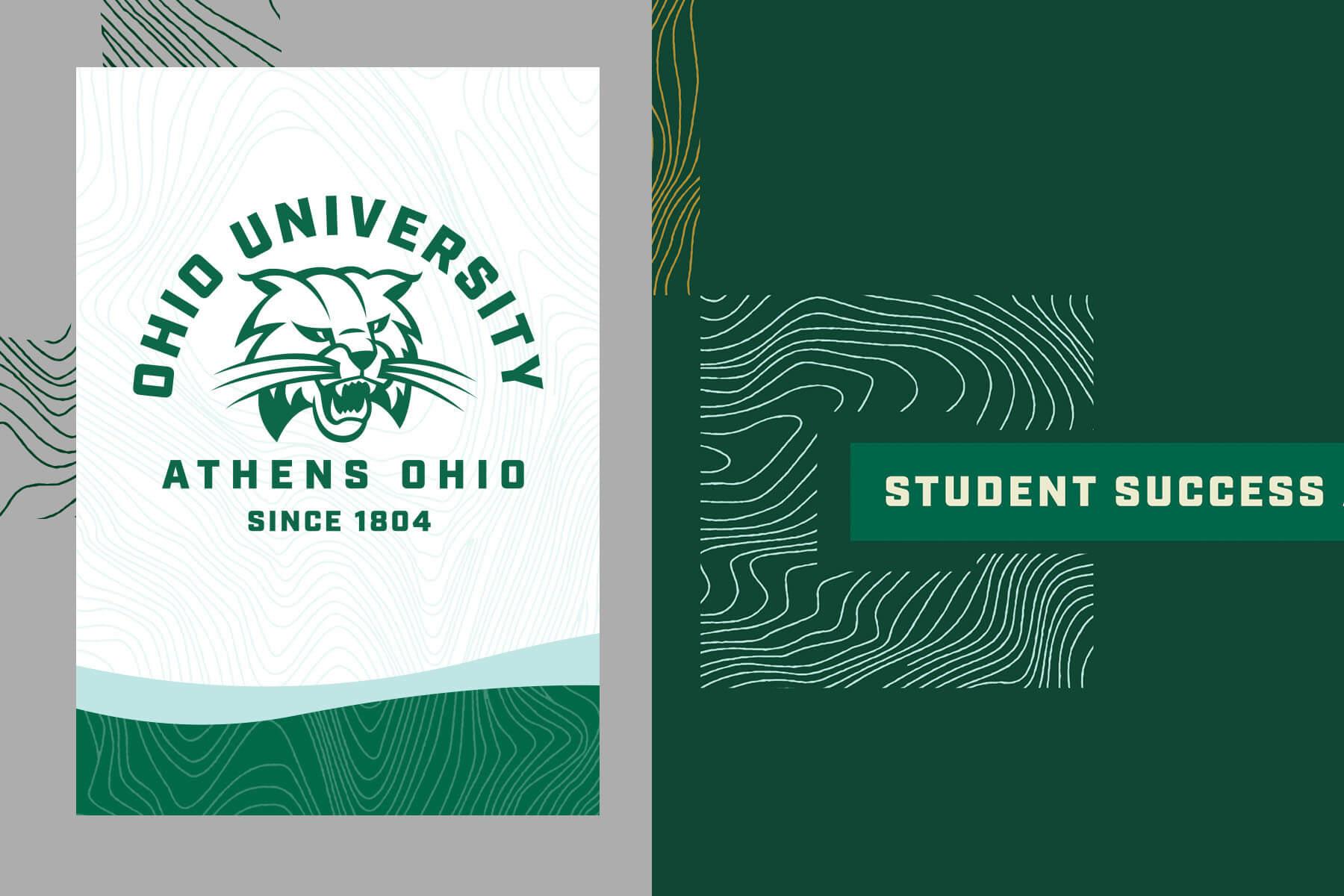 Visual examples of Ohio University's textures in various marketing collateral
