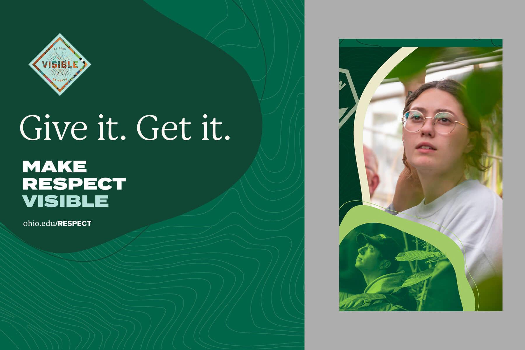 Visual examples of Ohio University's graphical treatments and textures in various marketing collateral