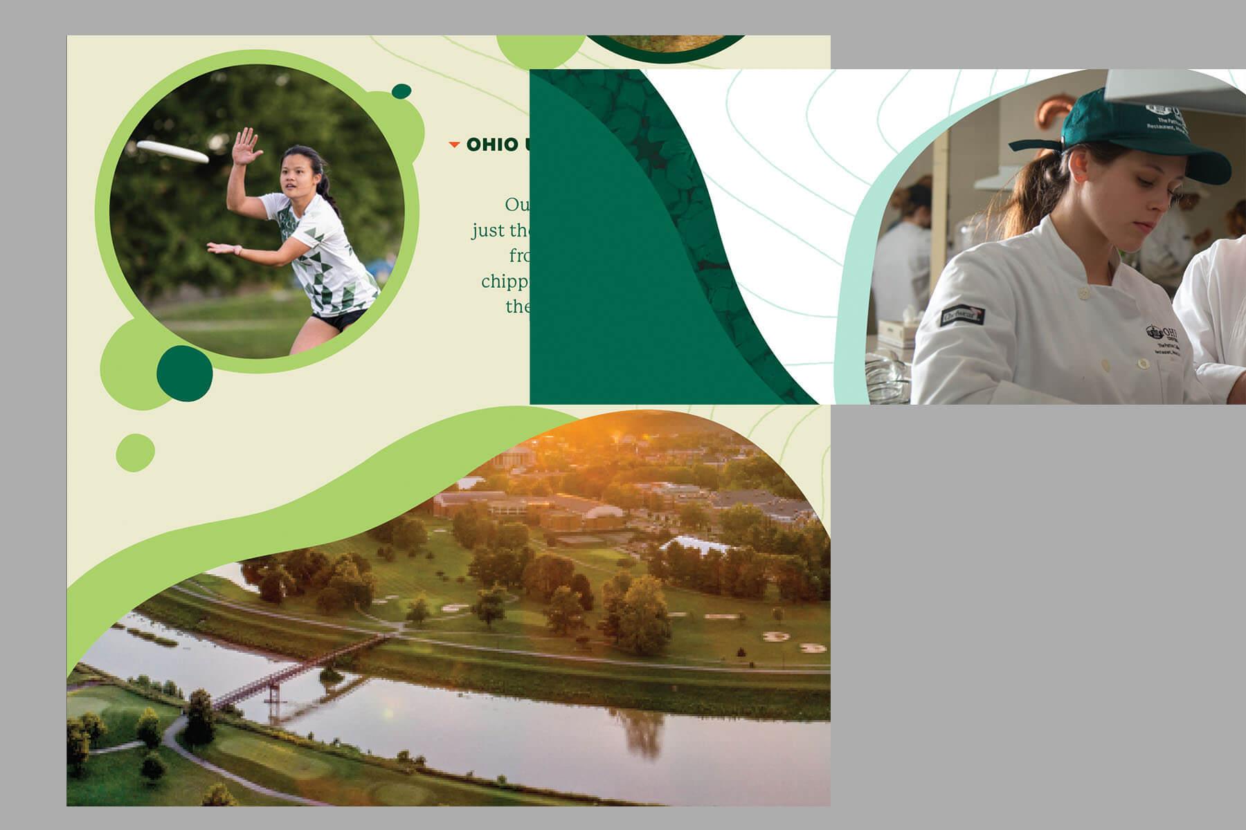 Visual examples of Ohio University's graphical treatments and textures in various marketing collateral