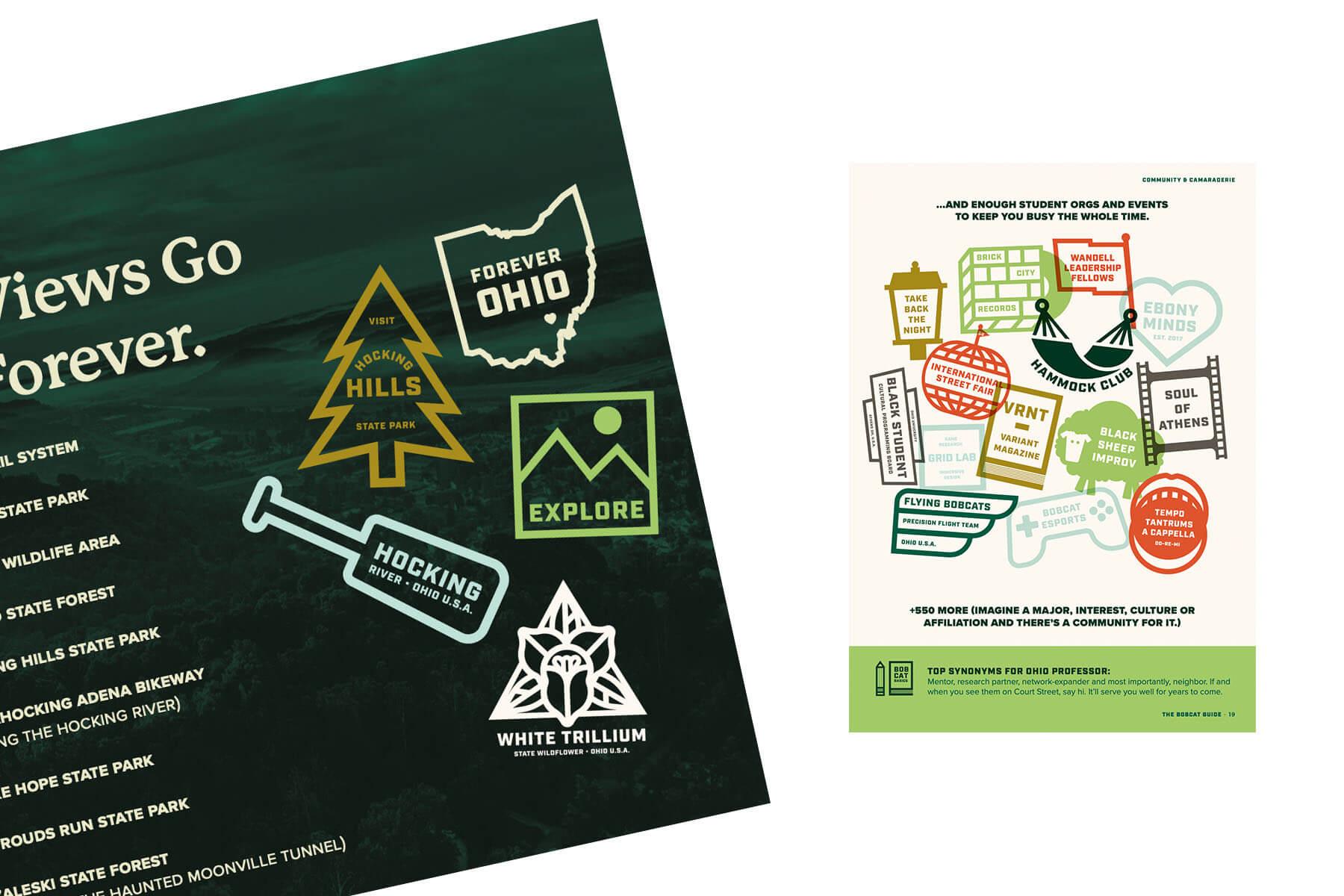 Visual examples of Ohio University's iconography in various marketing collateral