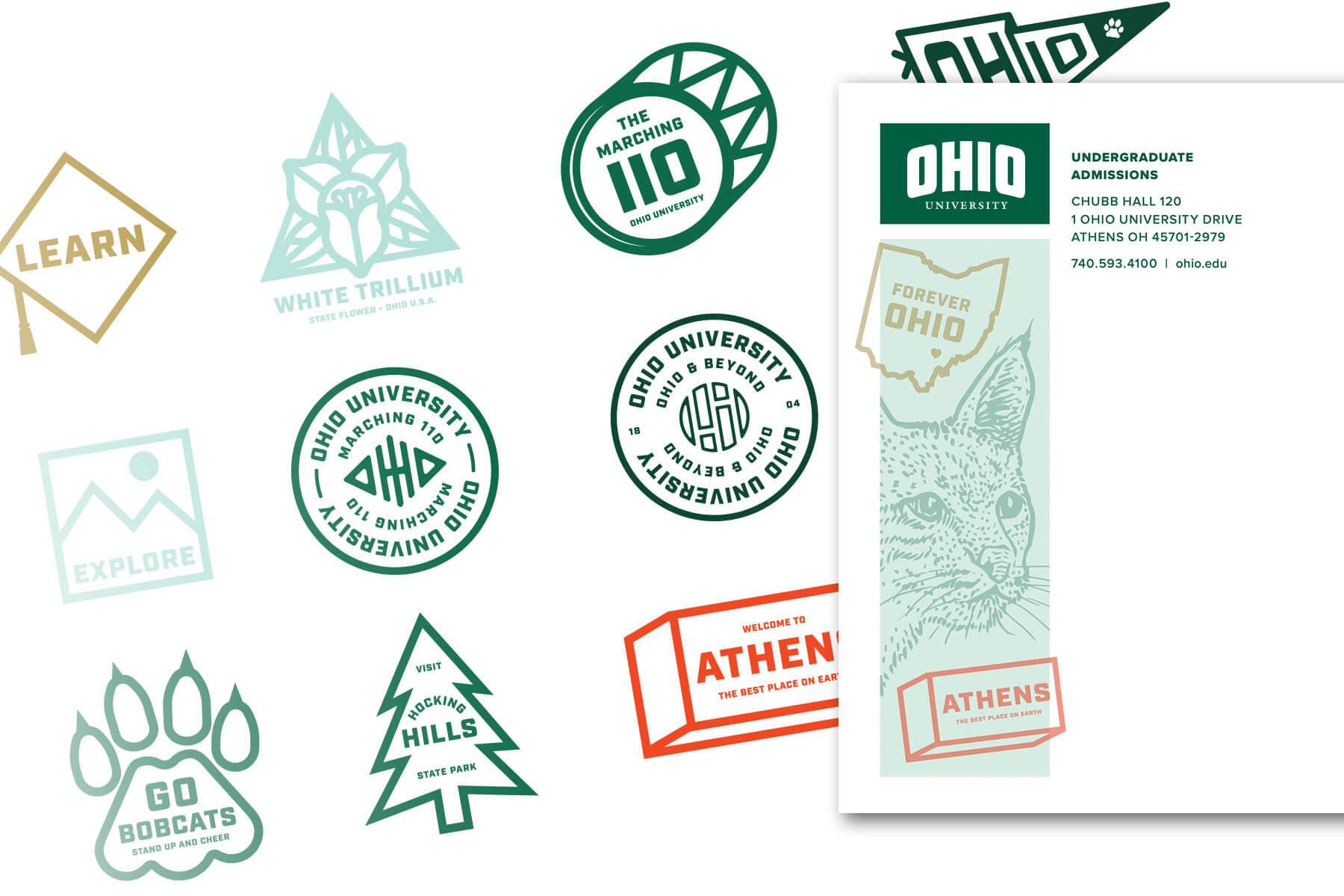 Visual examples of Ohio University's iconography in various marketing collateral