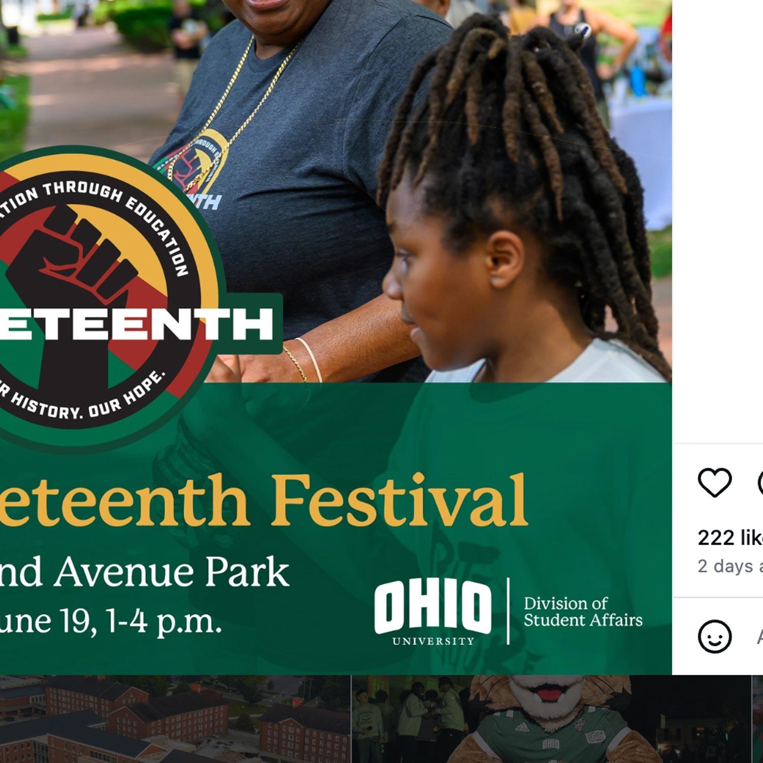 Juneteenth Instagram post with Ohio University Student Affairs logo lockup