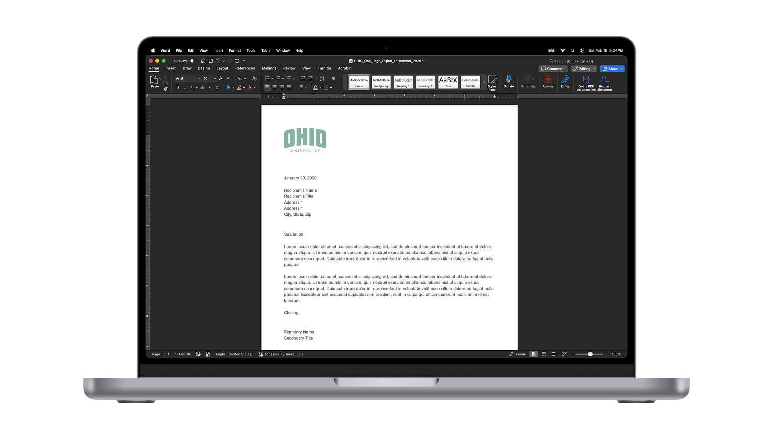 Mockup of an Ohio University letterhead template in Word on a laptop