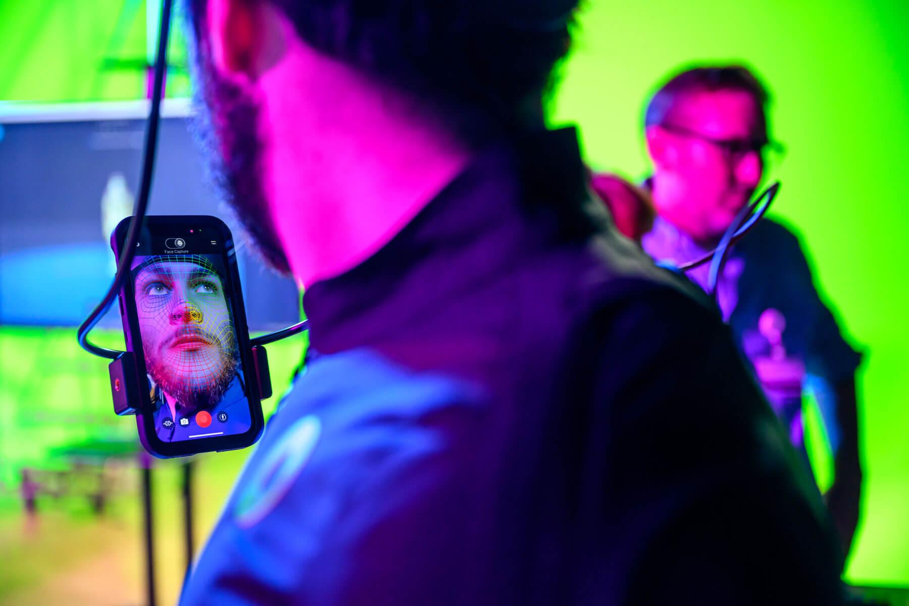 A student uses motion capture technology in the Game Research Immersive Design (GRID) Lab