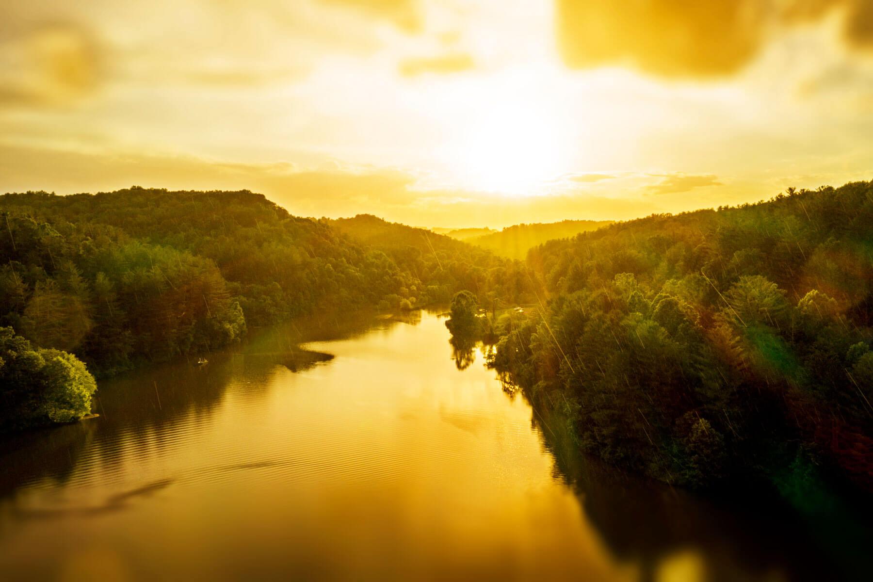 Drone photograph of a sunset at Strouds Run