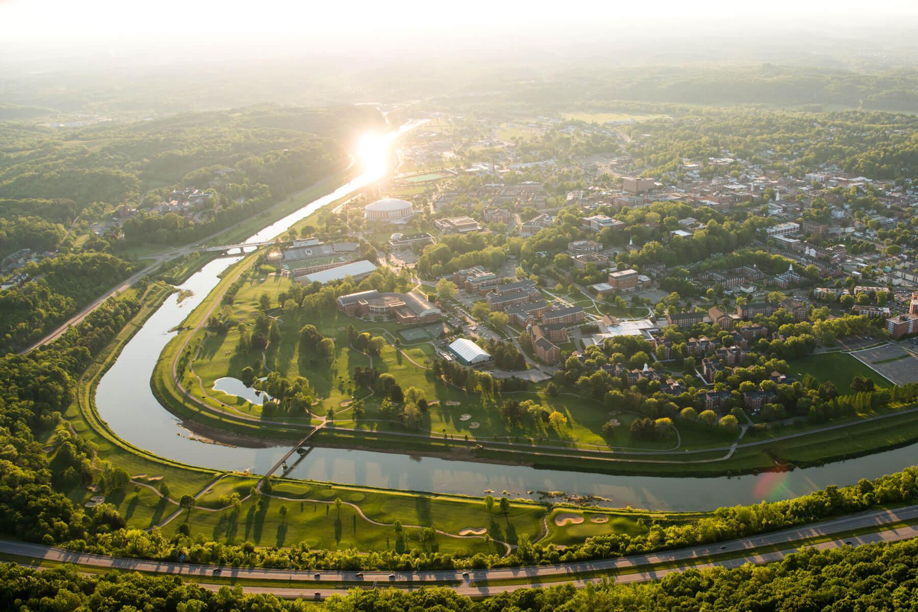 Aerial view of Ohio University's Athens campus at sunset