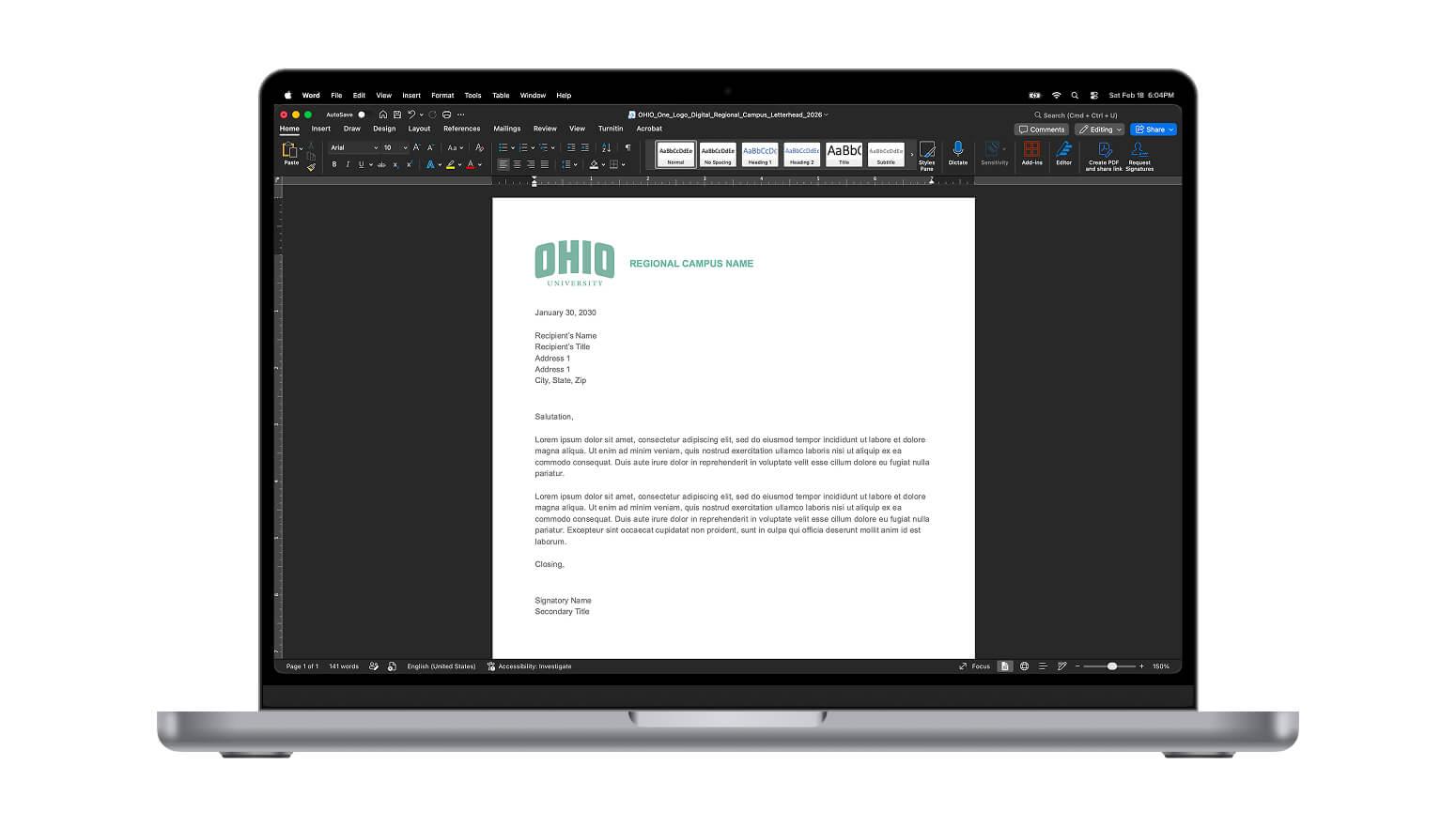 Mockup of an Ohio University Regional letterhead template in Word on a laptop