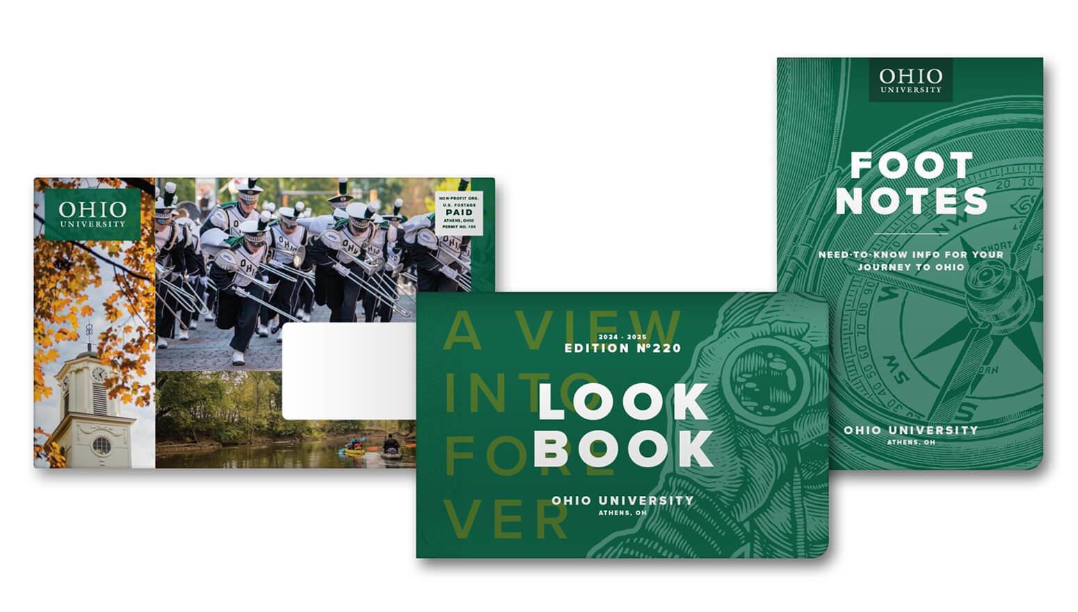 Ohio University Look Book collateral featuring an envelope with branded photograpy, the undergraduate Look Book and Foot Notes