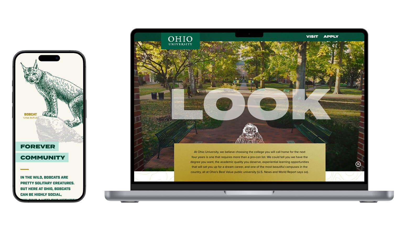 Phone and laptop device mockups of the Ohio University LOOK webpage for undergraduate students