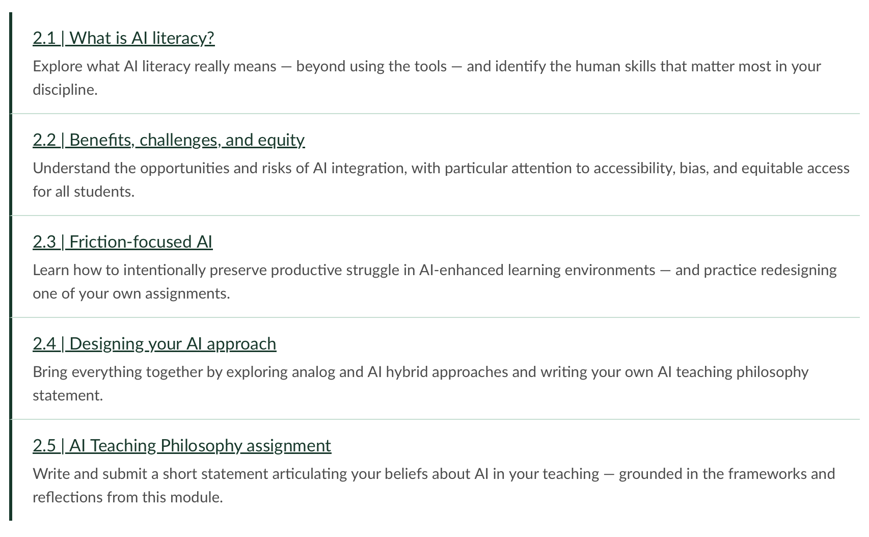 A screenshot of the submodules in Module 2