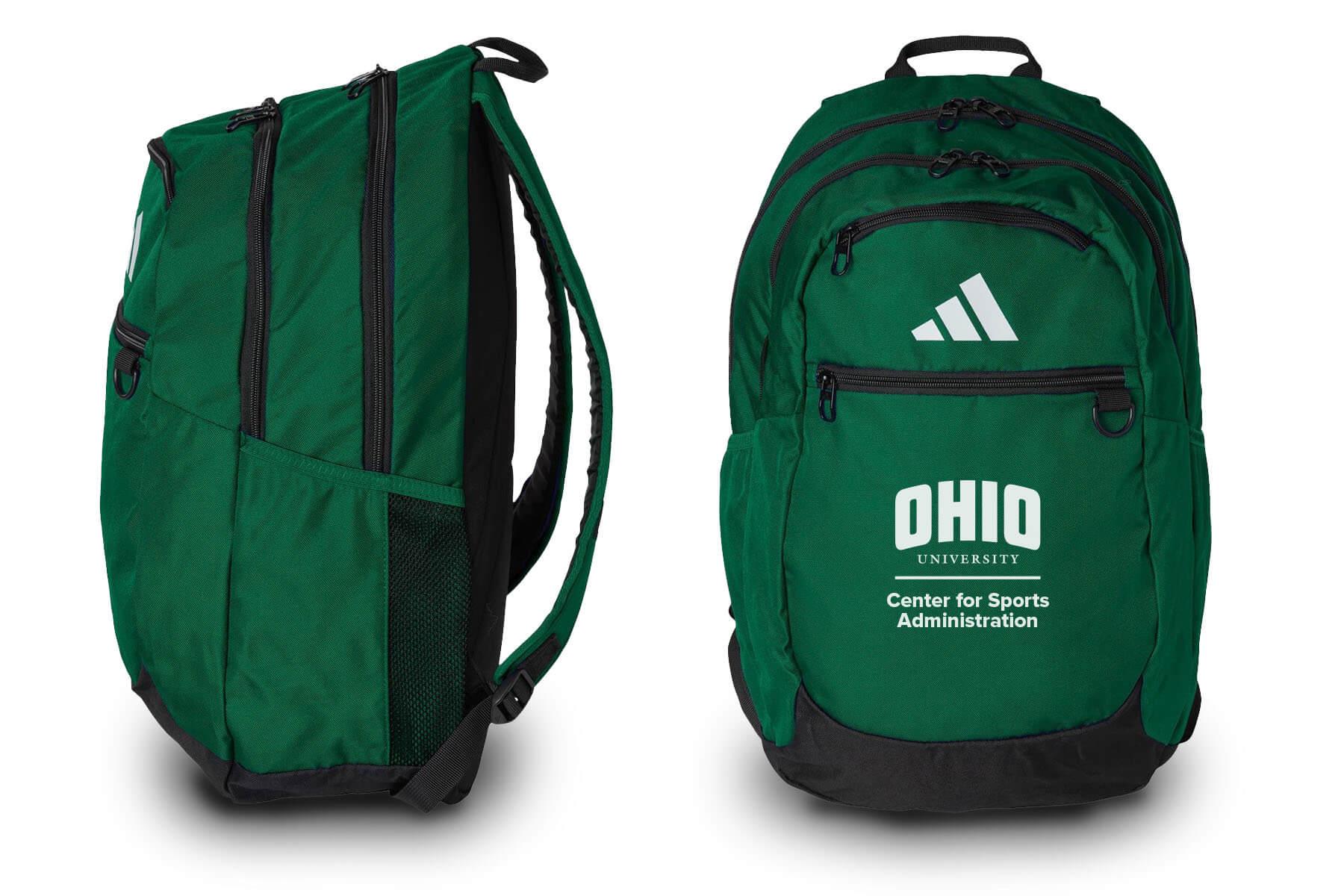 A green Adidas backpack featuring the Ohio University Center for Sports Administration logo