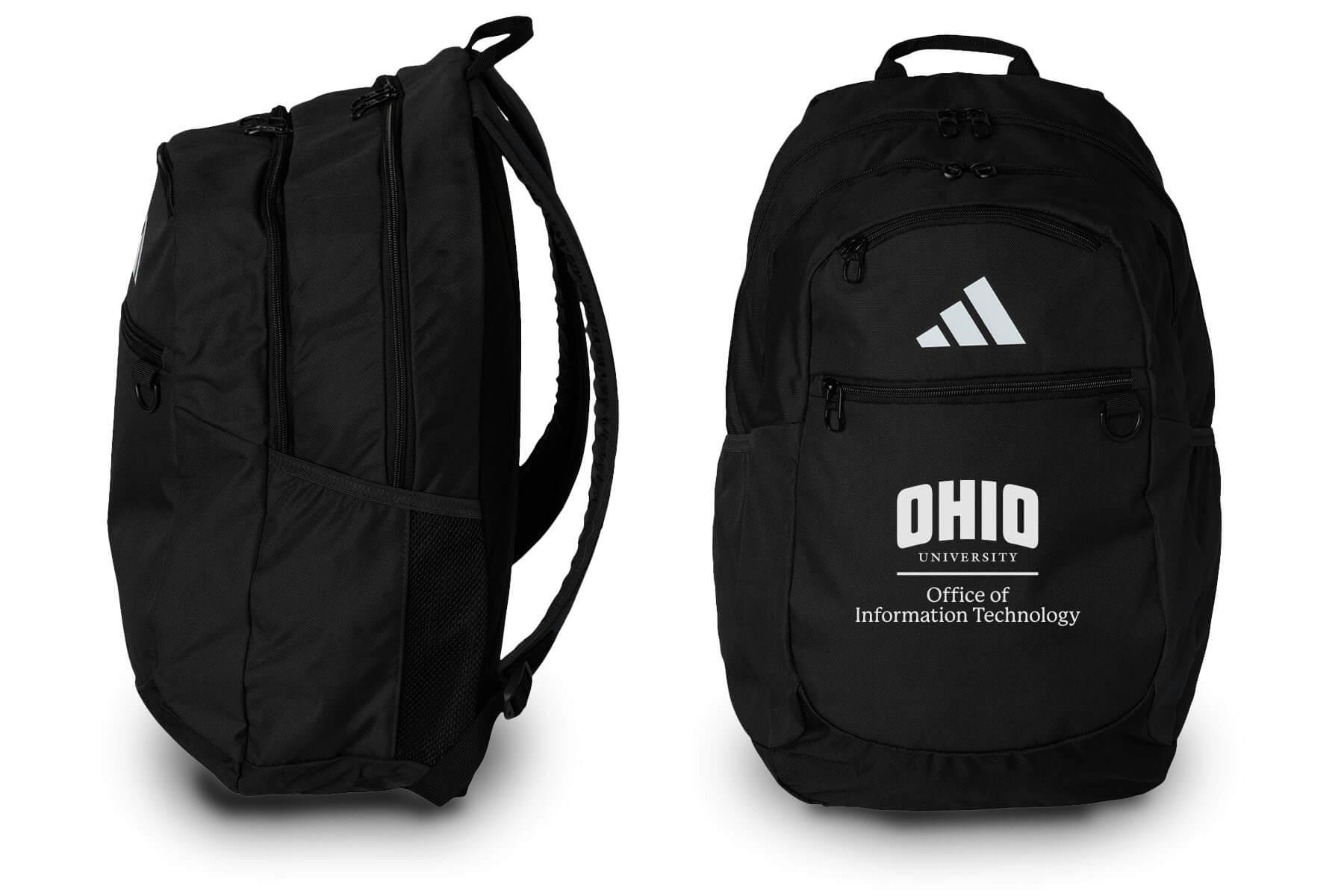 A black Adidas backpack featuring the Ohio University Office of Information Technology logo