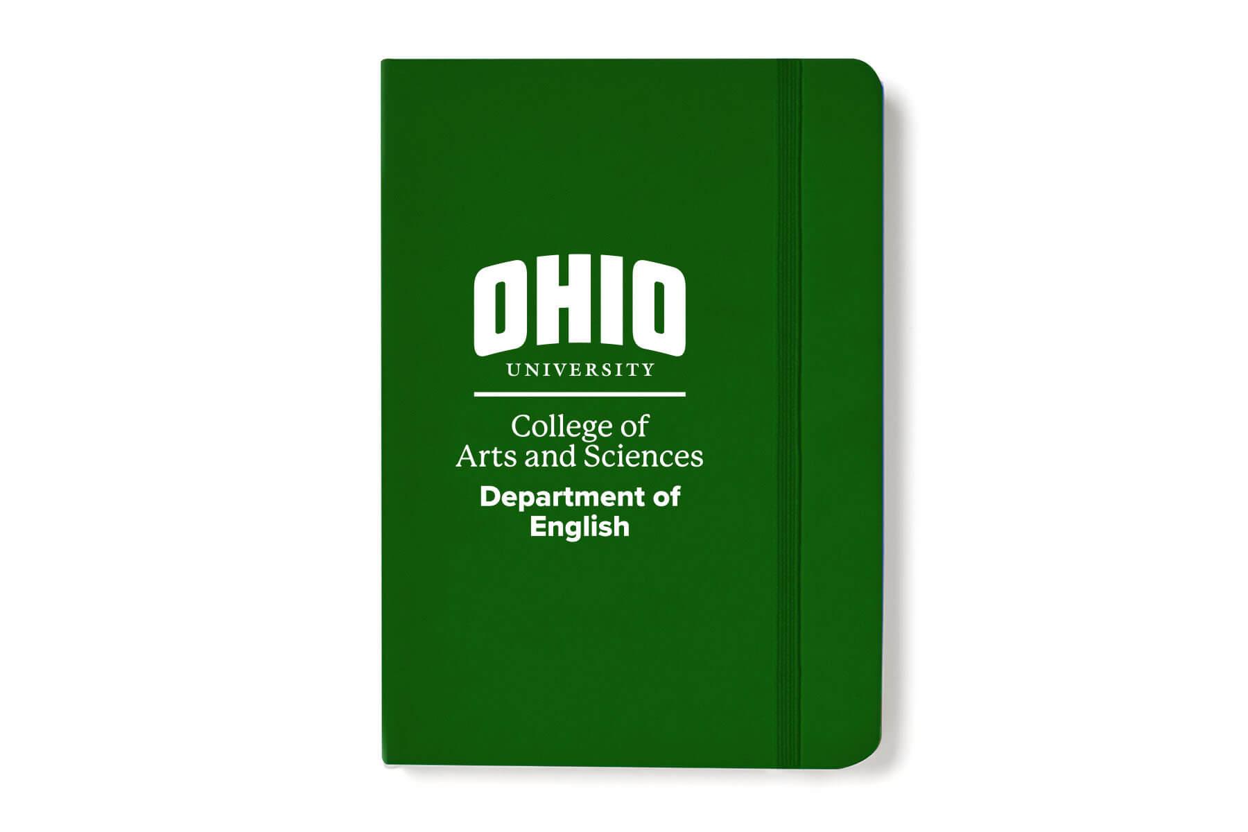 A green notebook featuring the Ohio University College of Arts and Sciences Department of English logo