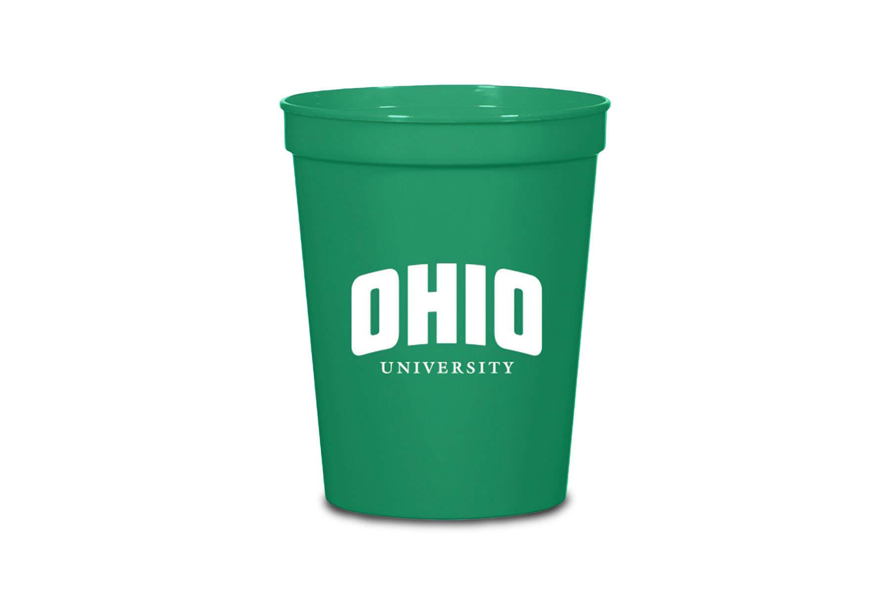 A green plastic cup featuring the Ohio University logo