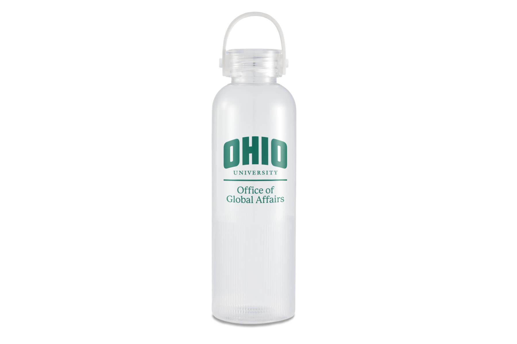 A clear sports bottle featuring the Ohio University Office of Global Affairs logo