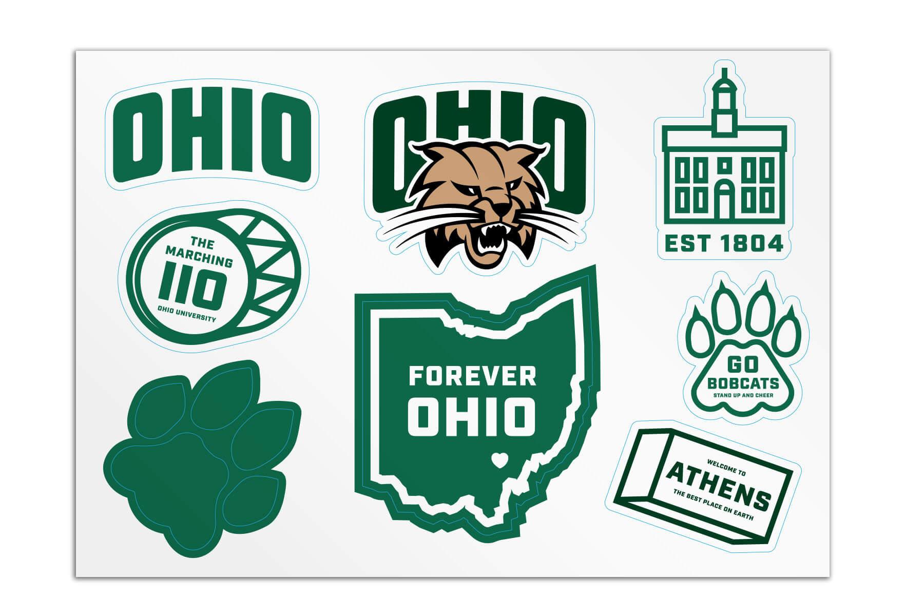 A custom sticker sheet featuring various OHIO brand elements