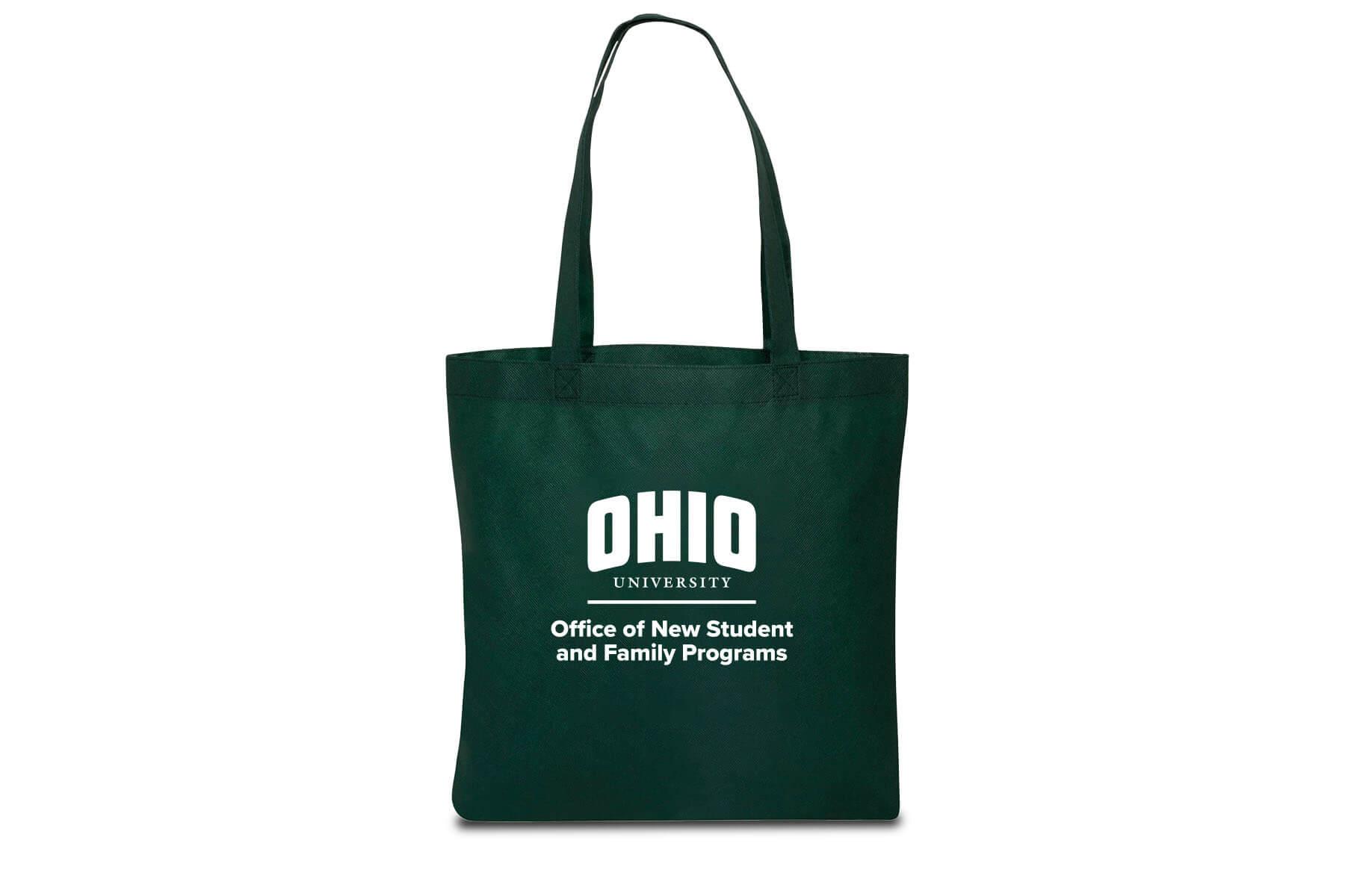 A dark green tote bag with Ohio University Office of New Student and Family Programs department logo