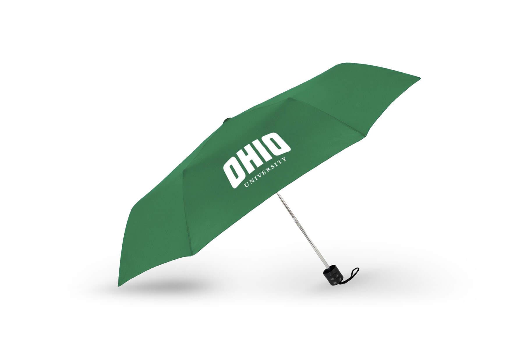 A green umbrella featuring the Ohio University logo