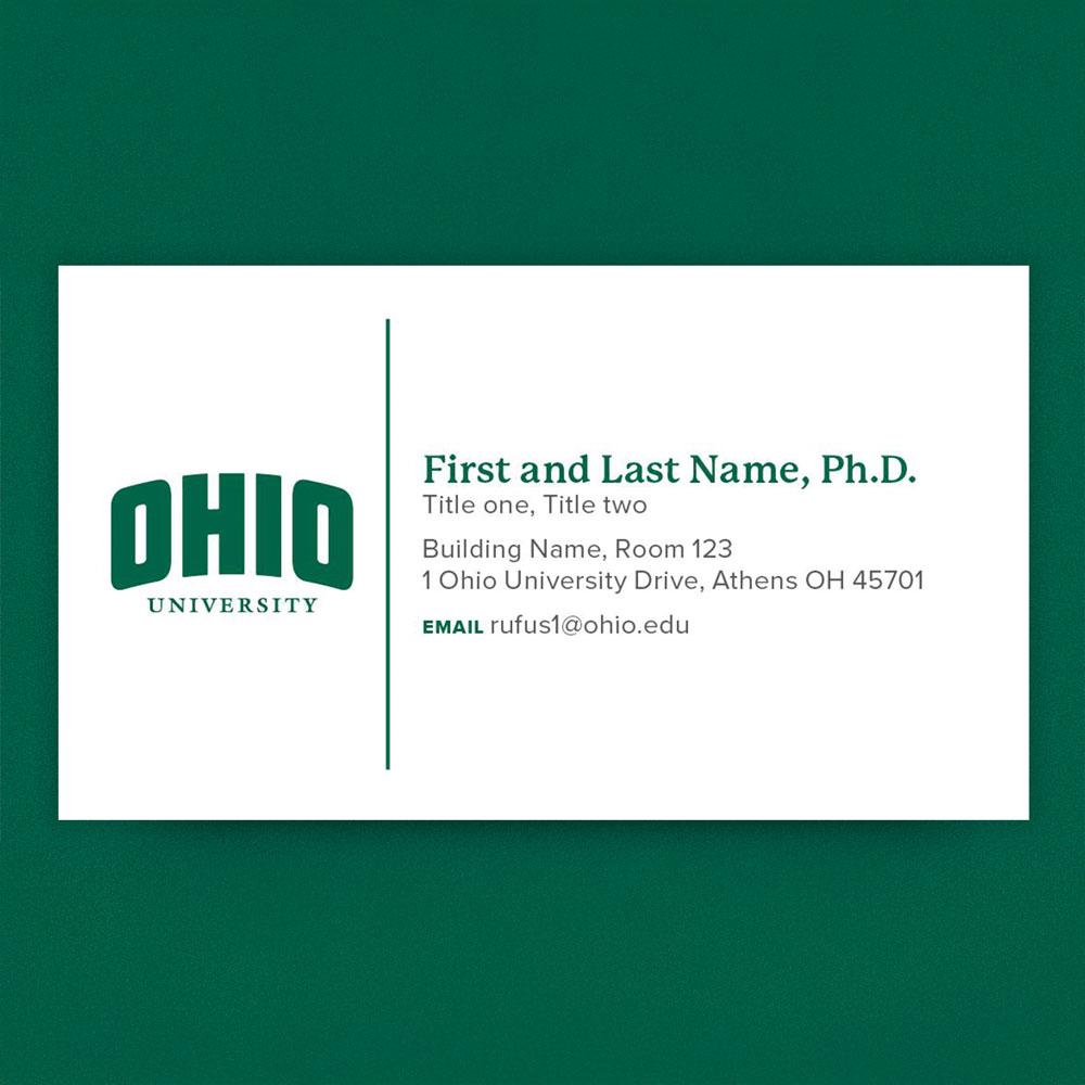 Mockup of an Ohio University business card on a textured green background
