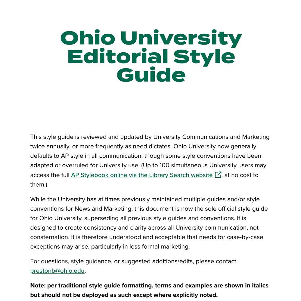 Screenshot of Ohio University Editorial Style Guide page