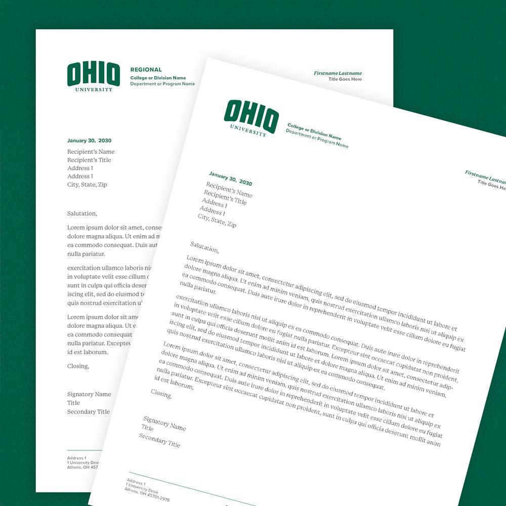 Mockup of Ohio University letterhead templates on a green textured background