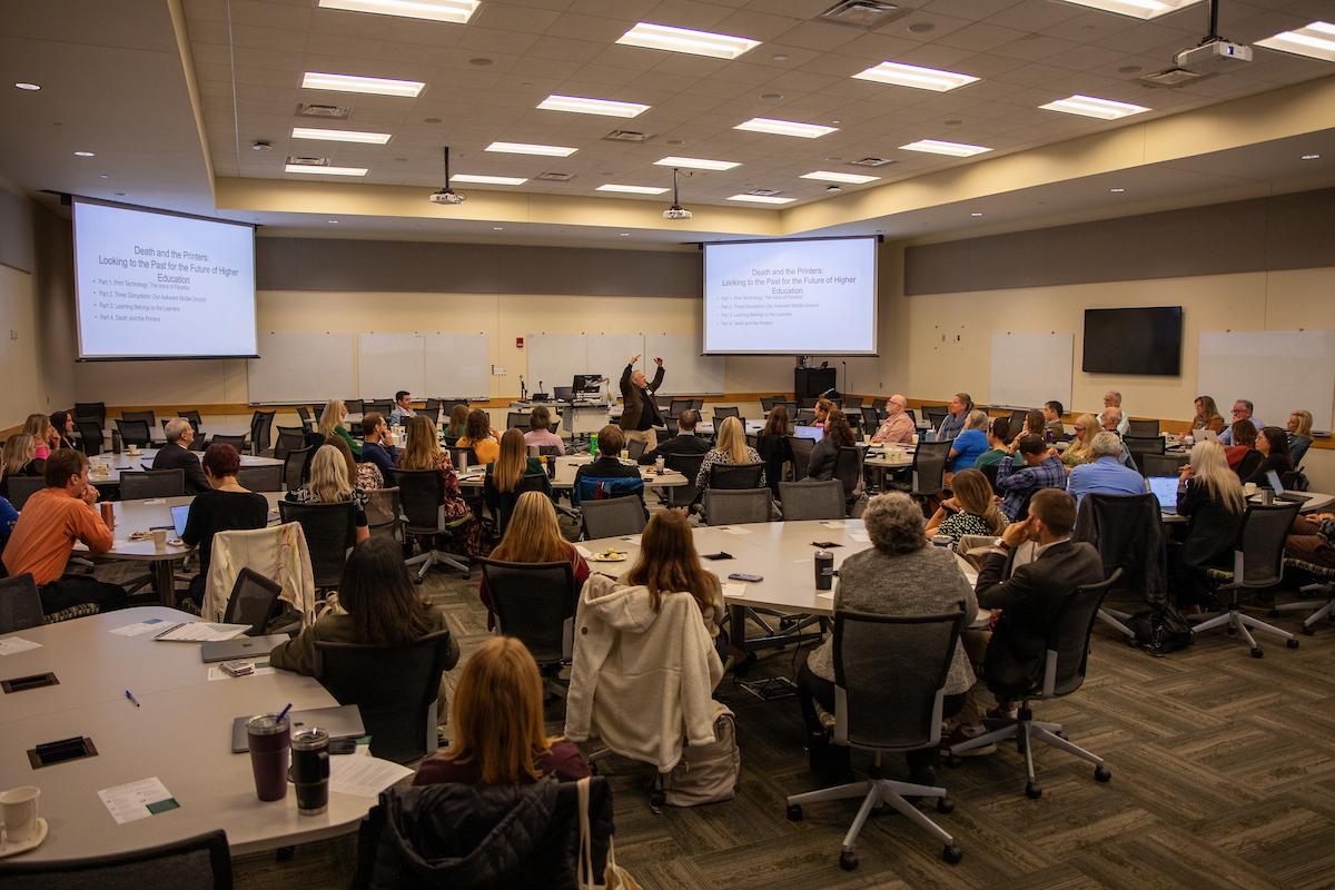 large room of people gathering for the Online @ OHIO Symposium in October 2025