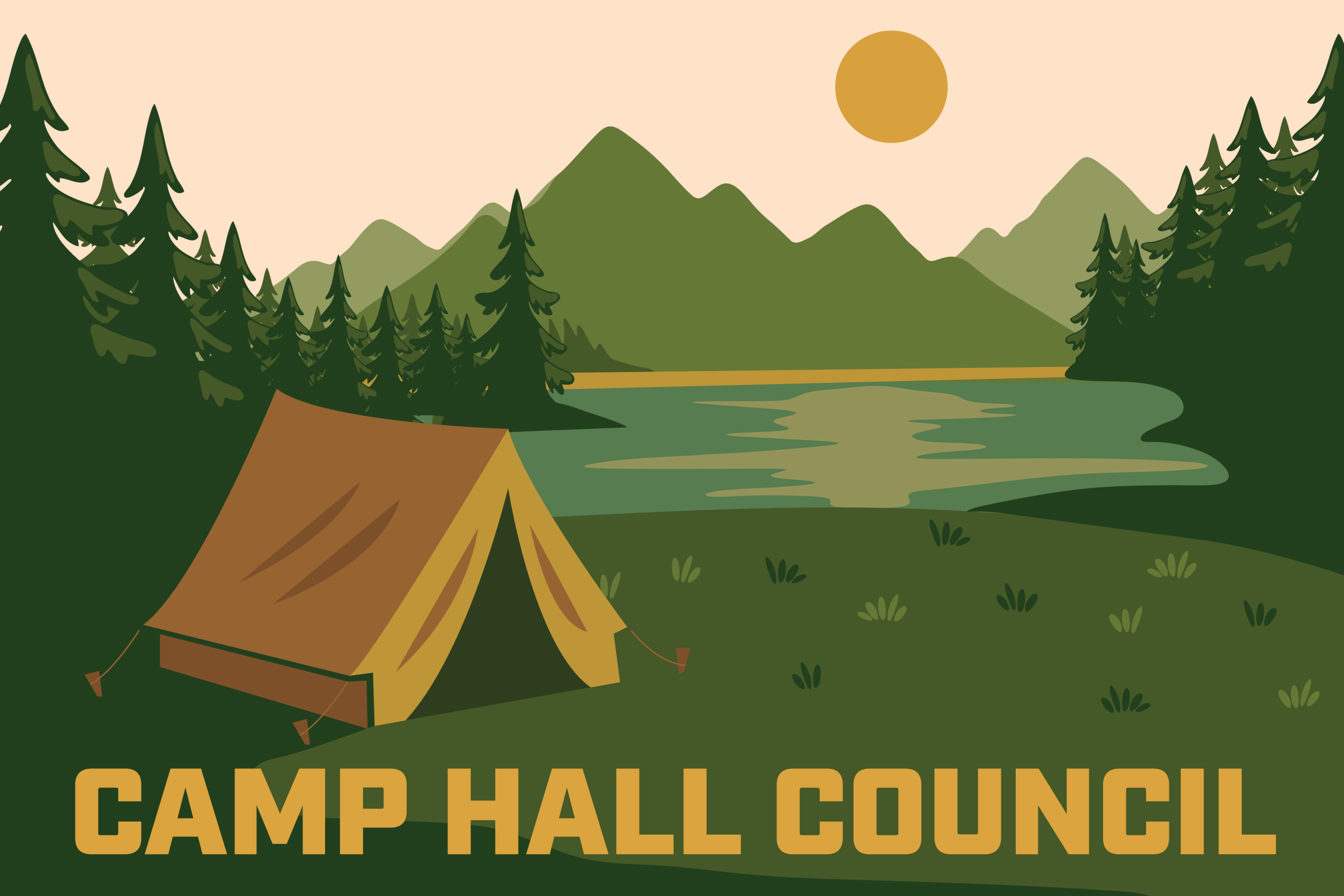 a tent pitched under the sun by a lake with CAMP HALL COUNCIL written on the lower part of the graphic