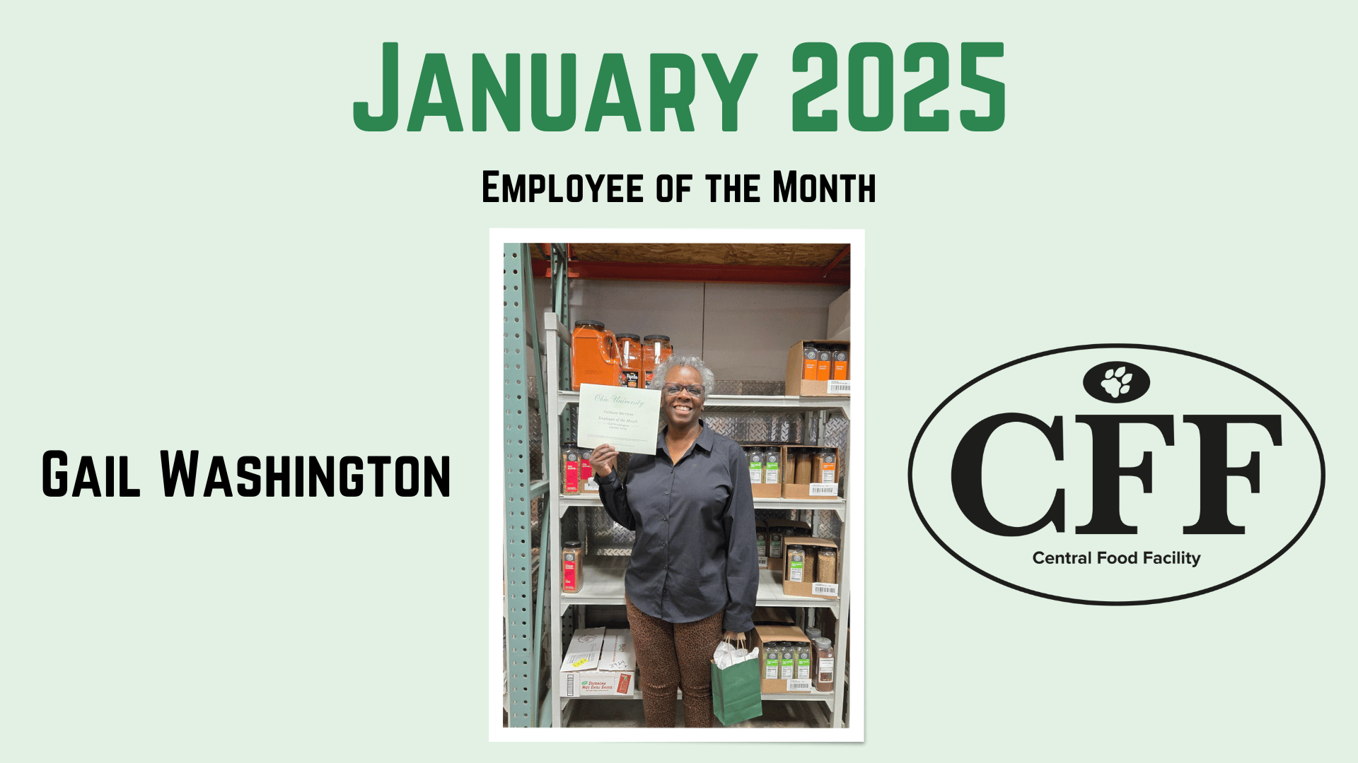 Employee of the month information and Gail Washington photo