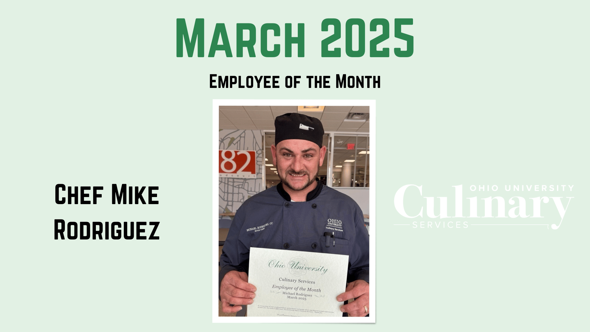Employee of the month information and Chef Mike Rodriguez photo